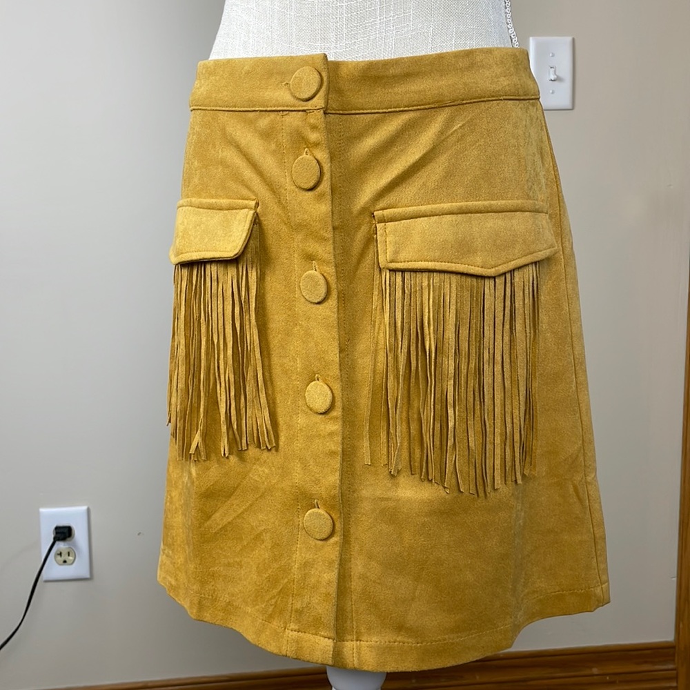 Flying Tomato Suede - like fringe button down mini skirt